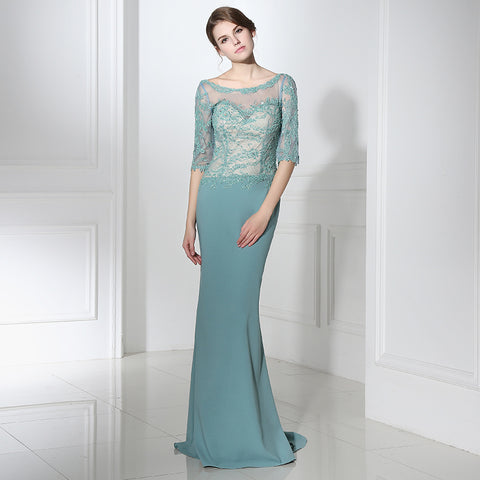 Graceful 3/4 - Sleeve Mermaid Gown in Turquoise with Lace - Embroidered Bodice Prom Dress,LX394