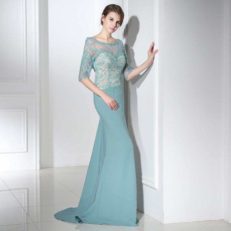 Graceful 3/4 - Sleeve Mermaid Gown in Turquoise with Lace - Embroidered Bodice Prom Dress,LX394