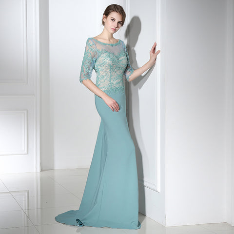 Graceful 3/4 - Sleeve Mermaid Gown in Turquoise with Lace - Embroidered Bodice Prom Dress,LX394
