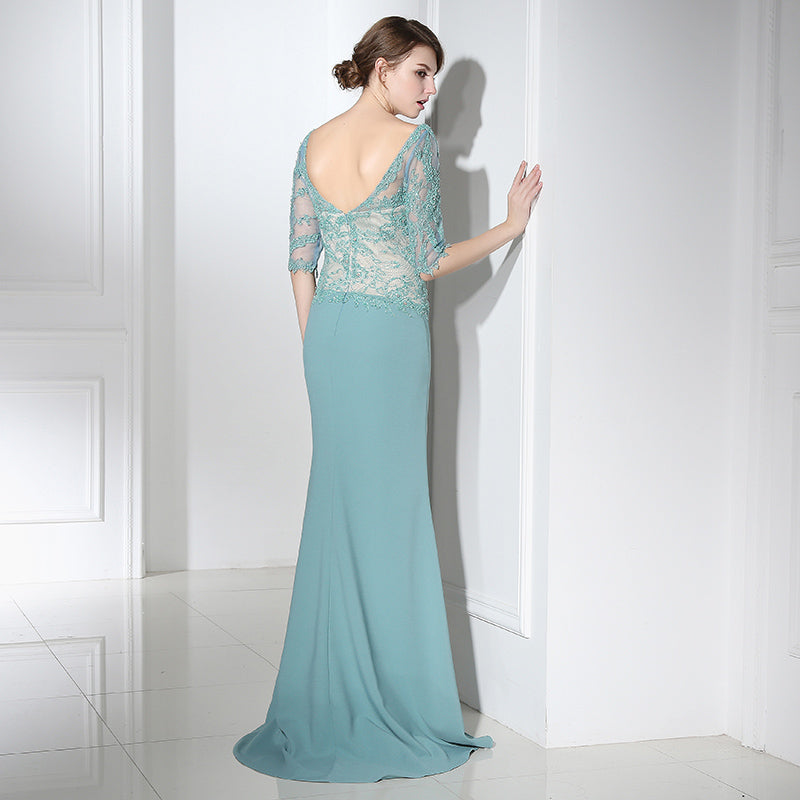 Graceful 3/4 - Sleeve Mermaid Gown in Turquoise with Lace - Embroidered Bodice Prom Dress,LX394