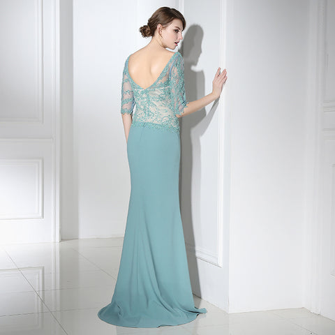 Graceful 3/4 - Sleeve Mermaid Gown in Turquoise with Lace - Embroidered Bodice Prom Dress,LX394