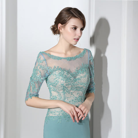 Graceful 3/4 - Sleeve Mermaid Gown in Turquoise with Lace - Embroidered Bodice Prom Dress,LX394
