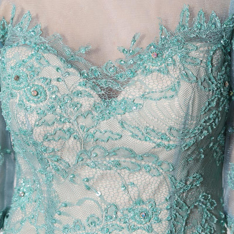 Graceful 3/4 - Sleeve Mermaid Gown in Turquoise with Lace - Embroidered Bodice Prom Dress,LX394