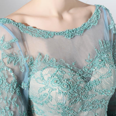 Graceful 3/4 - Sleeve Mermaid Gown in Turquoise with Lace - Embroidered Bodice Prom Dress,LX394