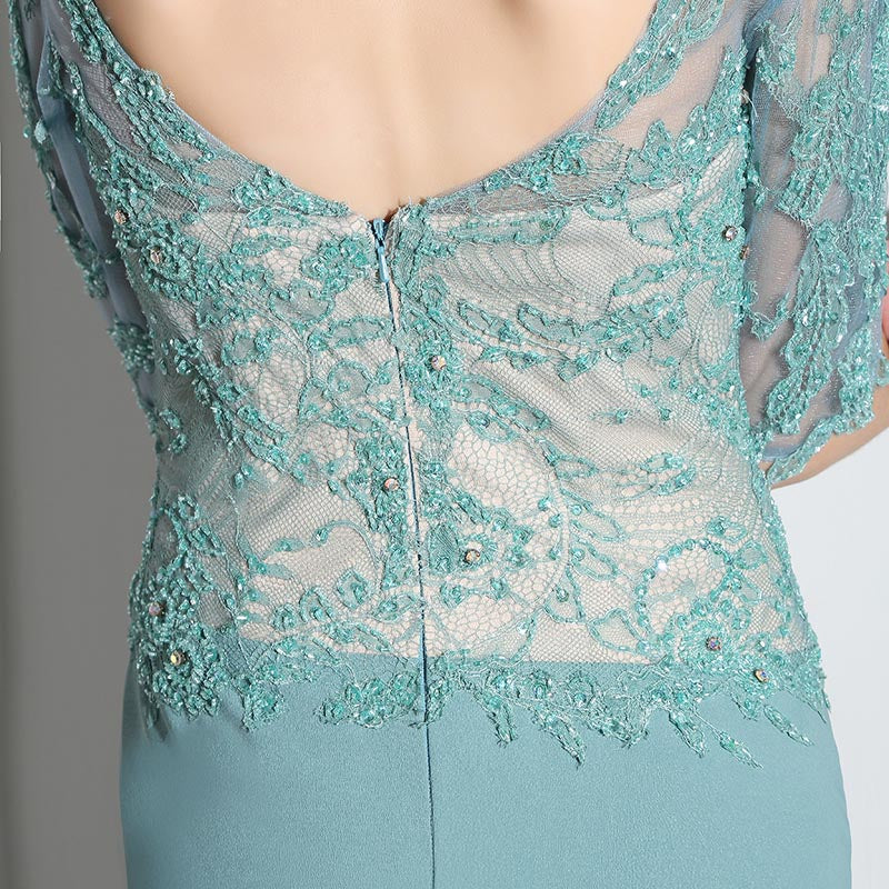 Graceful 3/4 - Sleeve Mermaid Gown in Turquoise with Lace - Embroidered Bodice Prom Dress,LX394