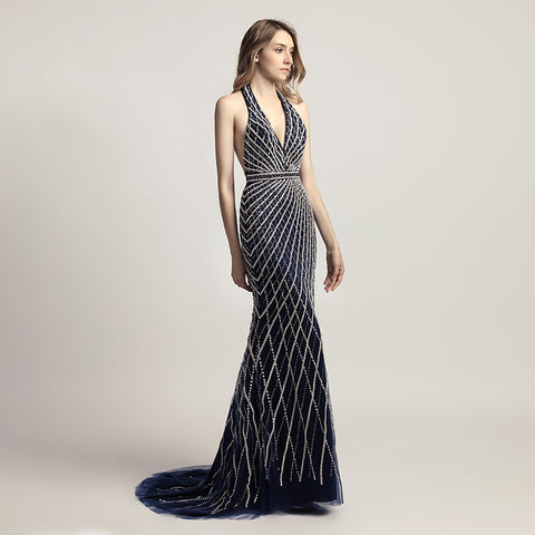 Glamorous Deep V - Neck Halter Mermaid Gown in Burgundy with Silver Beaded Detailing Prom Dress,LX422