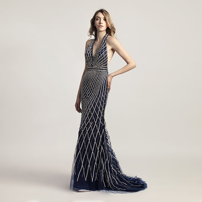 Glamorous Deep V - Neck Halter Mermaid Gown in Burgundy with Silver Beaded Detailing Prom Dress,LX422