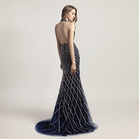 Glamorous Deep V - Neck Halter Mermaid Gown in Burgundy with Silver Beaded Detailing Prom Dress,LX422