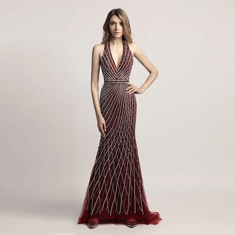 Glamorous Deep V - Neck Halter Mermaid Gown in Burgundy with Silver Beaded Detailing Prom Dress,LX422