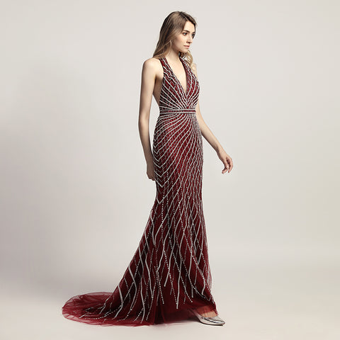 Glamorous Deep V - Neck Halter Mermaid Gown in Burgundy with Silver Beaded Detailing Prom Dress,LX422