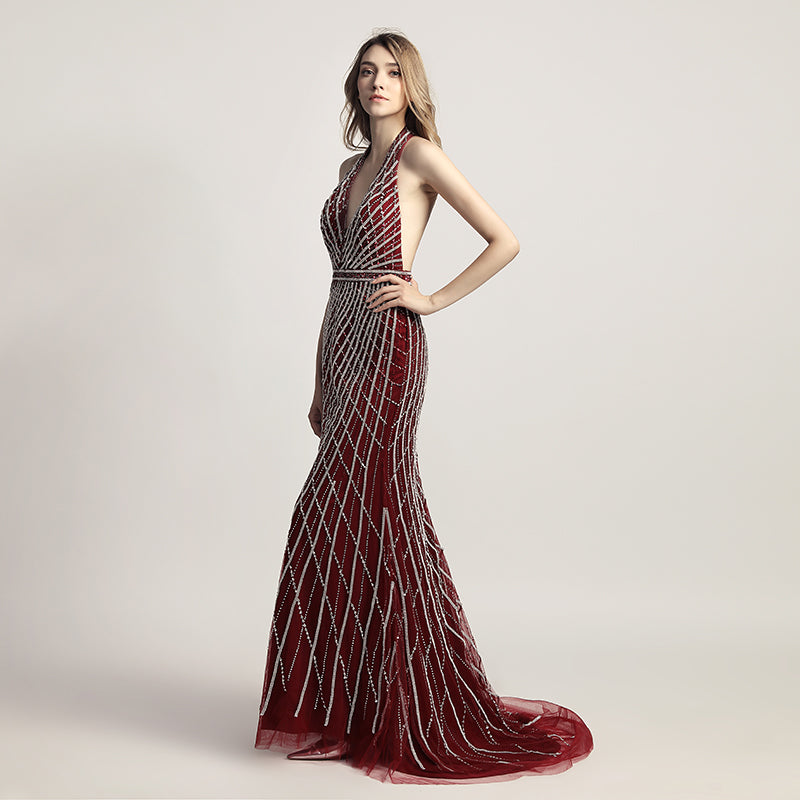 Glamorous Deep V - Neck Halter Mermaid Gown in Burgundy with Silver Beaded Detailing Prom Dress,LX422