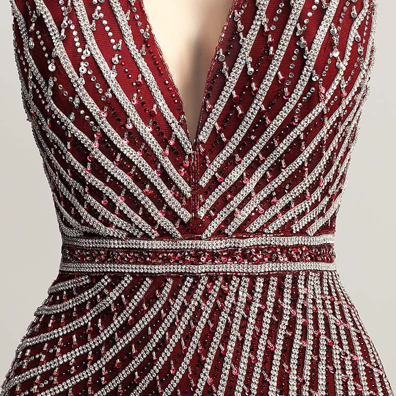 Glamorous Deep V - Neck Halter Mermaid Gown in Burgundy with Silver Beaded Detailing Prom Dress,LX422