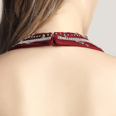 Glamorous Deep V - Neck Halter Mermaid Gown in Burgundy with Silver Beaded Detailing Prom Dress,LX422