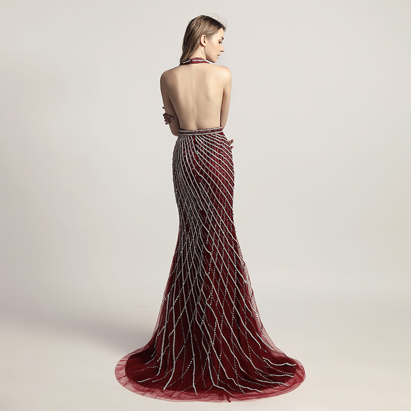 Glamorous Deep V - Neck Halter Mermaid Gown in Burgundy with Silver Beaded Detailing Prom Dress,LX422