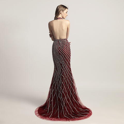 Glamorous Deep V - Neck Halter Mermaid Gown in Burgundy with Silver Beaded Detailing Prom Dress,LX422