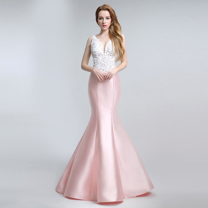 Chic Sleeveless V - Neck Pink Mermaid Gown with Exquisite Lace - Embroidered Bodice Prom Dress,LX151
