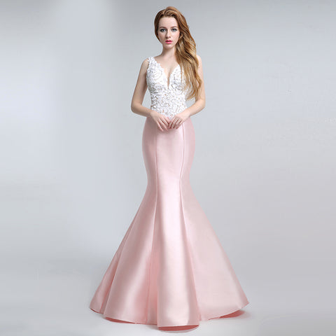 Chic Sleeveless V - Neck Pink Mermaid Gown with Exquisite Lace - Embroidered Bodice Prom Dress,LX151