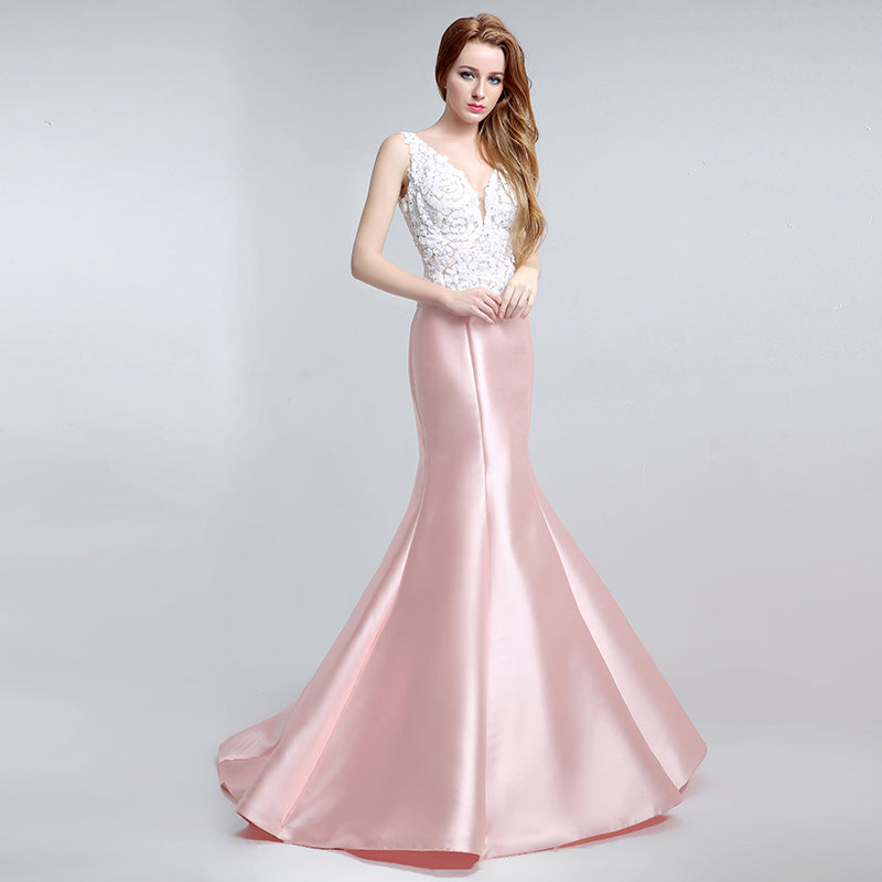 Chic Sleeveless V - Neck Pink Mermaid Gown with Exquisite Lace - Embroidered Bodice Prom Dress,LX151