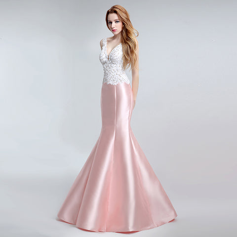 Chic Sleeveless V - Neck Pink Mermaid Gown with Exquisite Lace - Embroidered Bodice Prom Dress,LX151