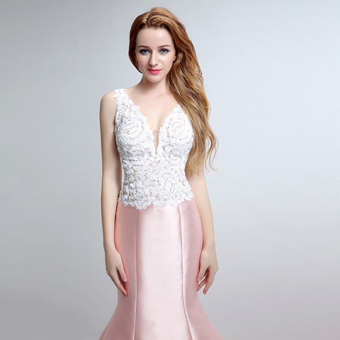Chic Sleeveless V - Neck Pink Mermaid Gown with Exquisite Lace - Embroidered Bodice Prom Dress,LX151