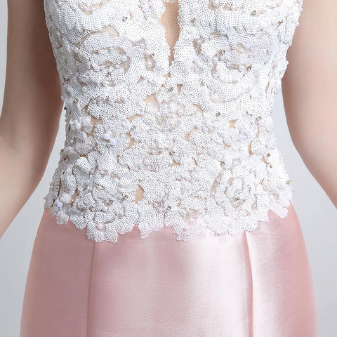 Chic Sleeveless V - Neck Pink Mermaid Gown with Exquisite Lace - Embroidered Bodice Prom Dress,LX151