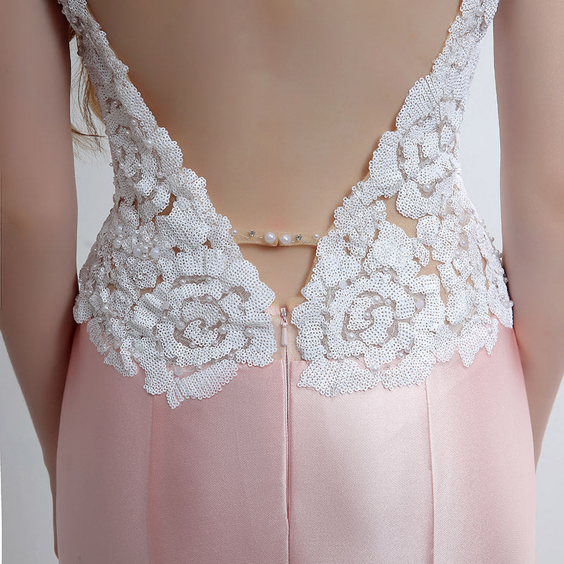 Chic Sleeveless V - Neck Pink Mermaid Gown with Exquisite Lace - Embroidered Bodice Prom Dress,LX151