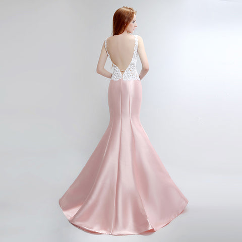 Chic Sleeveless V - Neck Pink Mermaid Gown with Exquisite Lace - Embroidered Bodice Prom Dress,LX151