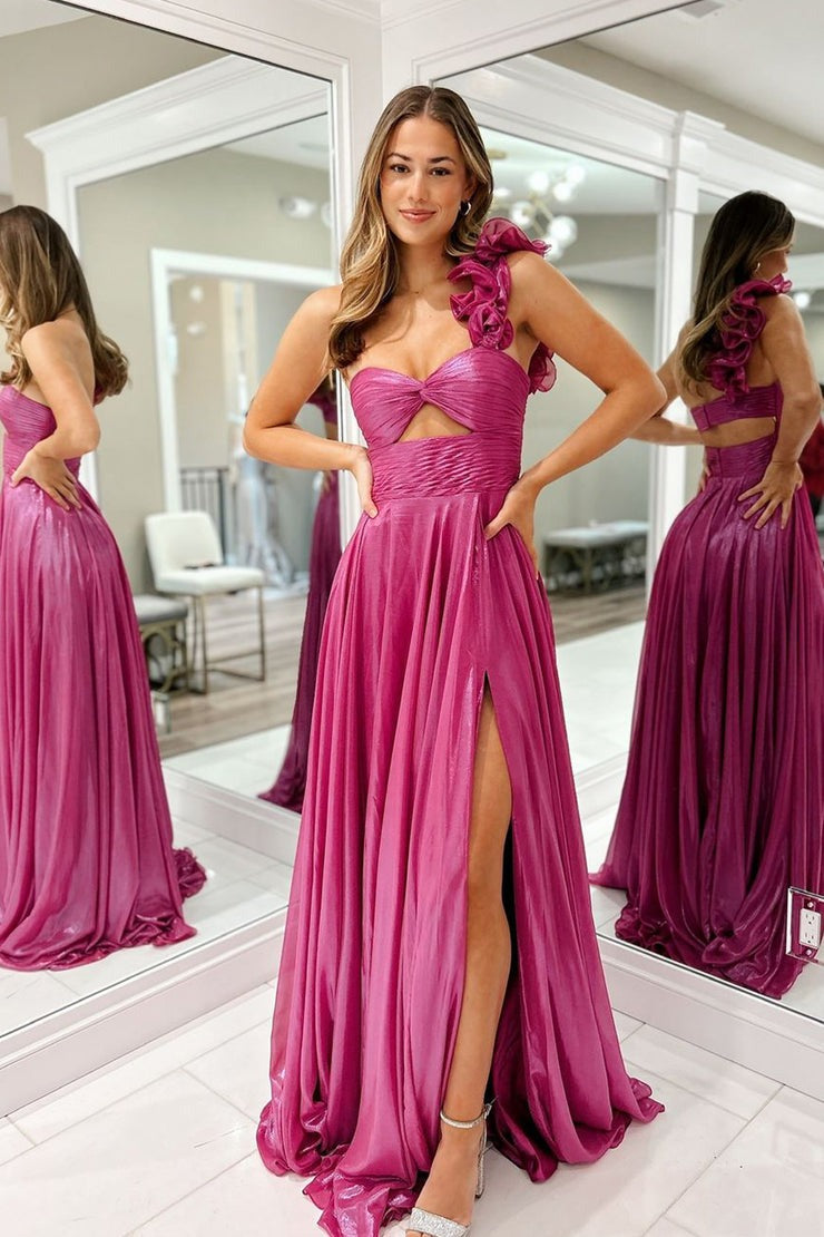 Cute Fuchsia A Line One Shoulder Sparkly Satin Long Prom Dress with Slit