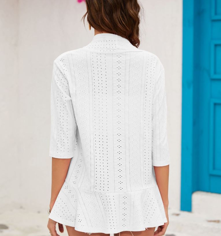 Summer new solid color cardigan jacket with three quarter sleeves and ruffle edge top