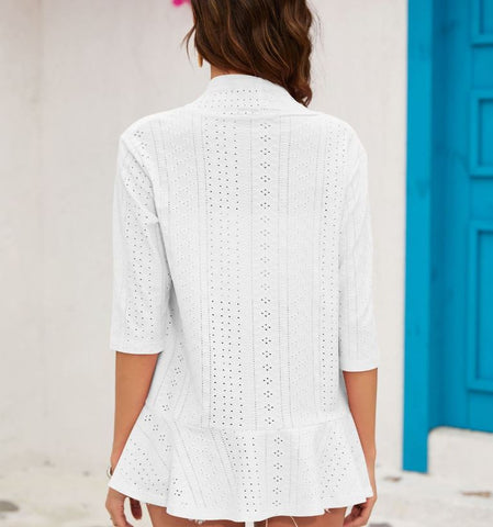 Summer new solid color cardigan jacket with three quarter sleeves and ruffle edge top