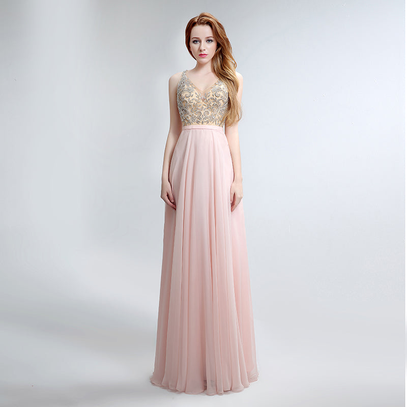 Elegant Sleeveless V - Neck Pink Maxi Dress with Embroidered Bodice and Flowing Tulle Prom Dress,LX152