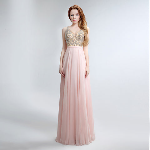 Elegant Sleeveless V - Neck Pink Maxi Dress with Embroidered Bodice and Flowing Tulle Prom Dress,LX152