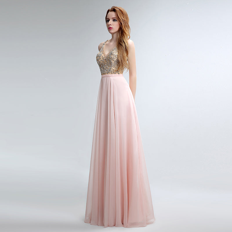 Elegant Sleeveless V - Neck Pink Maxi Dress with Embroidered Bodice and Flowing Tulle Prom Dress,LX152
