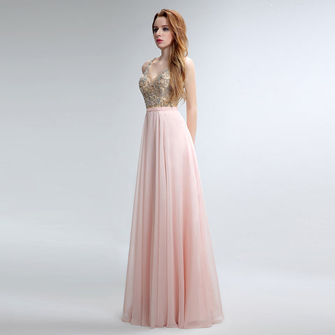Elegant Sleeveless V - Neck Pink Maxi Dress with Embroidered Bodice and Flowing Tulle Prom Dress,LX152