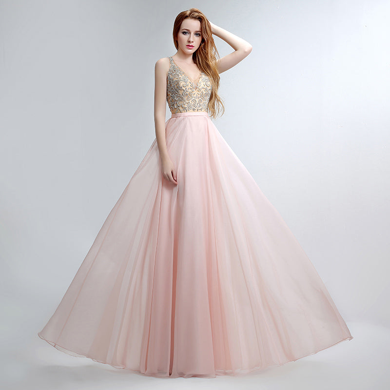 Elegant Sleeveless V - Neck Pink Maxi Dress with Embroidered Bodice and Flowing Tulle Prom Dress,LX152