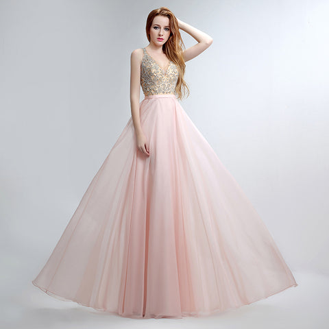 Elegant Sleeveless V - Neck Pink Maxi Dress with Embroidered Bodice and Flowing Tulle Prom Dress,LX152