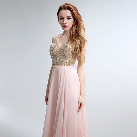 Elegant Sleeveless V - Neck Pink Maxi Dress with Embroidered Bodice and Flowing Tulle Prom Dress,LX152