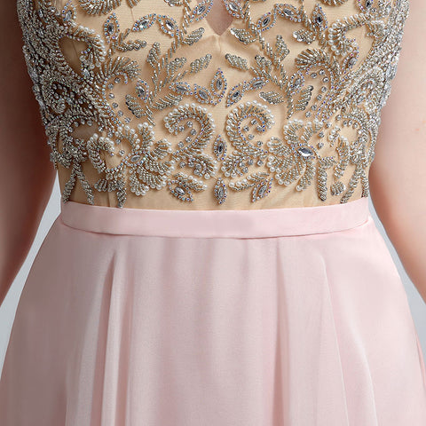 Elegant Sleeveless V - Neck Pink Maxi Dress with Embroidered Bodice and Flowing Tulle Prom Dress,LX152