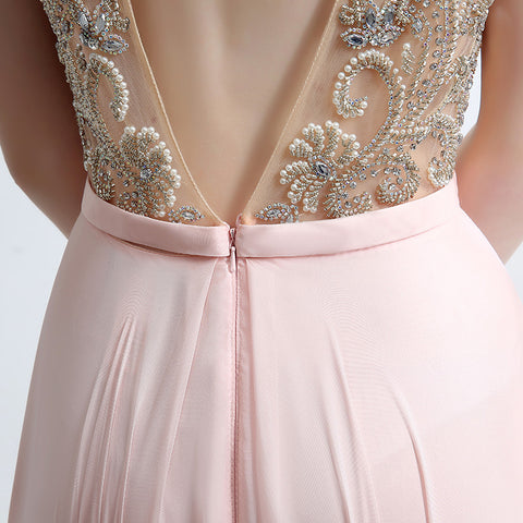 Elegant Sleeveless V - Neck Pink Maxi Dress with Embroidered Bodice and Flowing Tulle Prom Dress,LX152