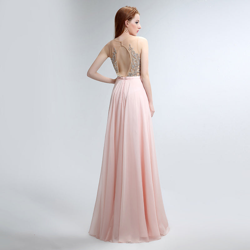 Elegant Sleeveless V - Neck Pink Maxi Dress with Embroidered Bodice and Flowing Tulle Prom Dress,LX152