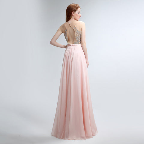 Elegant Sleeveless V - Neck Pink Maxi Dress with Embroidered Bodice and Flowing Tulle Prom Dress,LX152