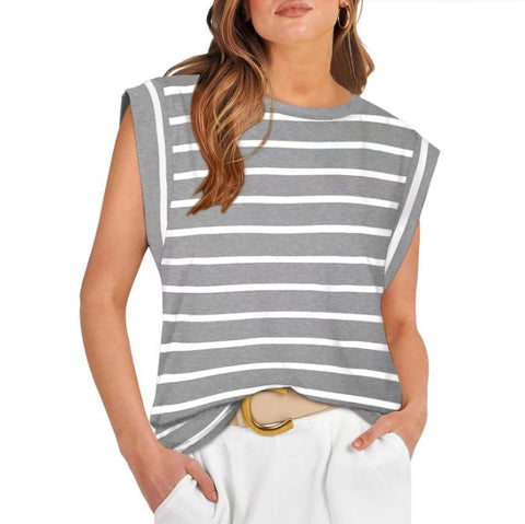Spring and summer round neck loose short sleeved striped women's vest