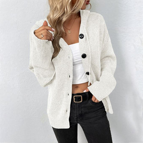 Solid color hooded single breasted autumn and winter drawstring knit sweater jacket