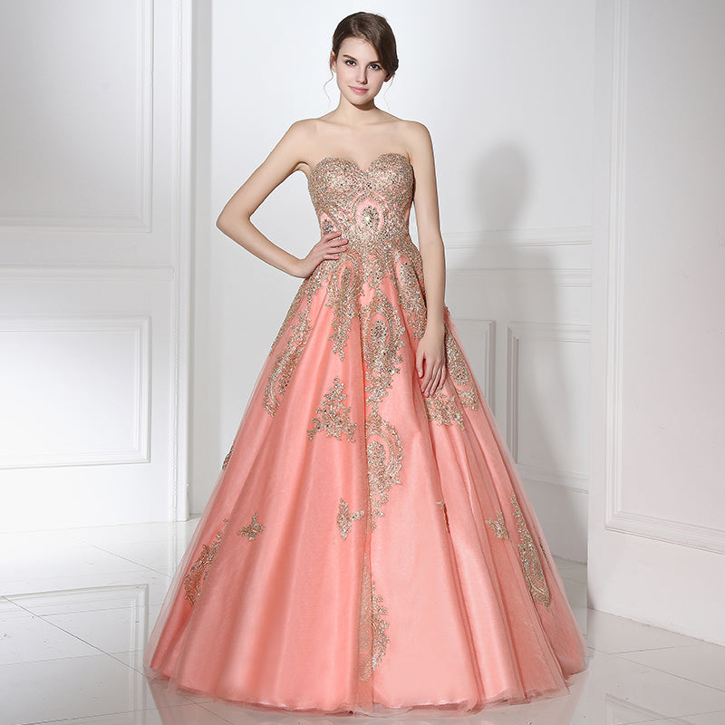 Enchanting Strapless Pink Ball Gown Gold Embroidered Detailing Prom Dress,LX359
