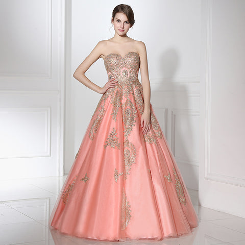 Enchanting Strapless Pink Ball Gown Gold Embroidered Detailing Prom Dress,LX359