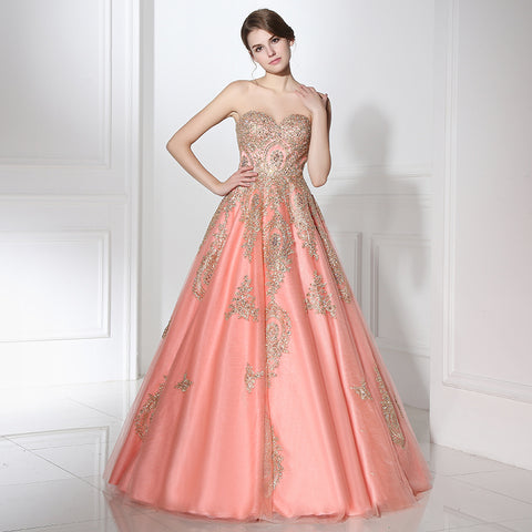 Enchanting Strapless Pink Ball Gown Gold Embroidered Detailing Prom Dress,LX359