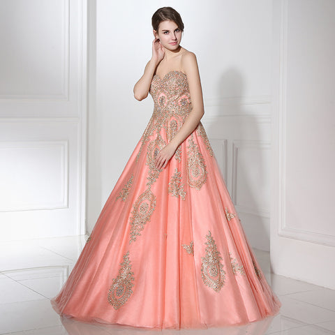 Enchanting Strapless Pink Ball Gown Gold Embroidered Detailing Prom Dress,LX359
