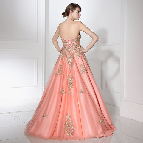Enchanting Strapless Pink Ball Gown Gold Embroidered Detailing Prom Dress,LX359