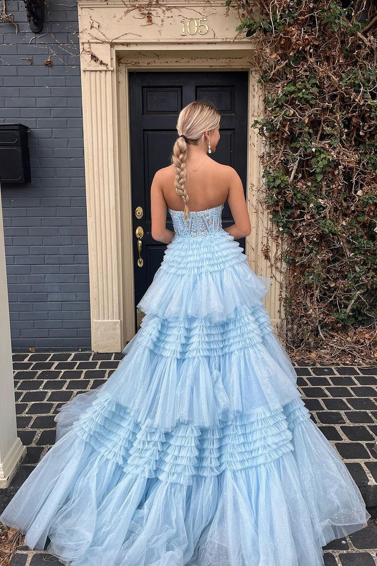 Cute Strapless Blue Ruffle Tiered Tulle A-Line Long Prom Dress