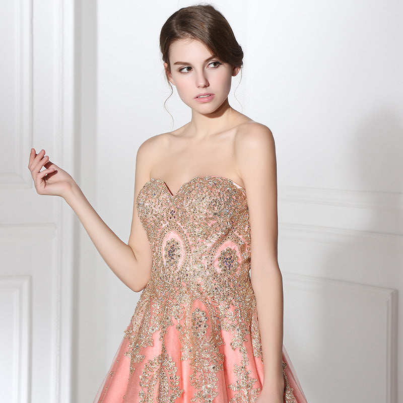 Enchanting Strapless Pink Ball Gown Gold Embroidered Detailing Prom Dress,LX359